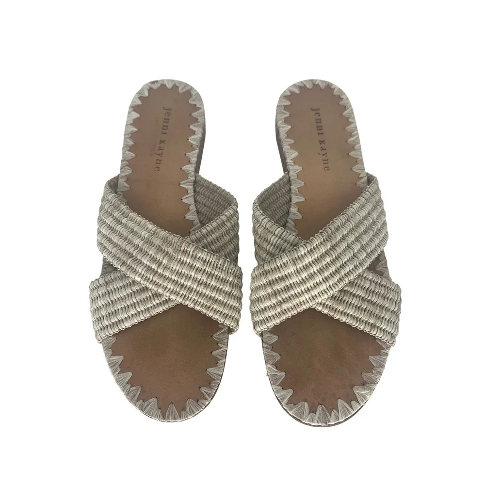 Jenni Kayne Raffia Crossover Sandals Tan Cream Woven Flat Slides Size 38